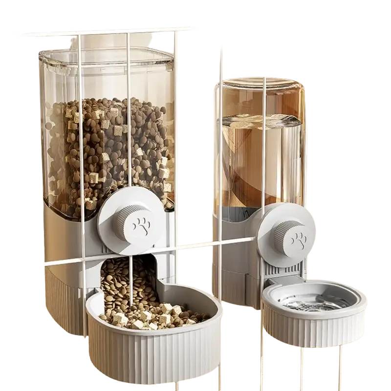 Gray pet feeder with water dispenser feeder features transparent containers white paw-print knobs and ribbed bowls