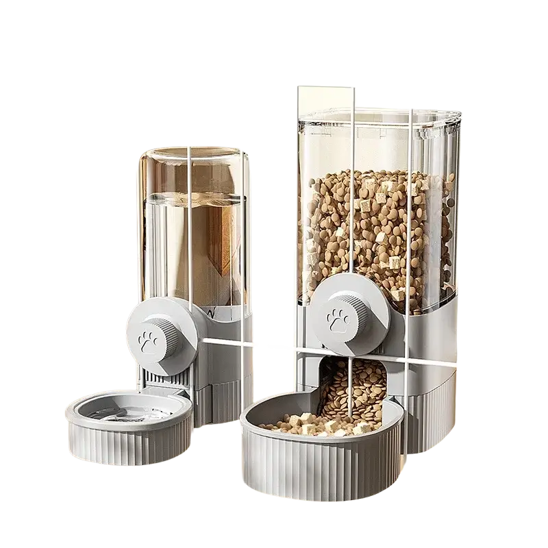 Gray pet feeder water dispenser combo with transparent cylinders and gray bases featuring paw print knobs for cage mount