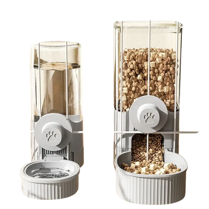 Gray pet feeder water dispenser feeder with transparent cylindrical container and paw print dispenser mechanism