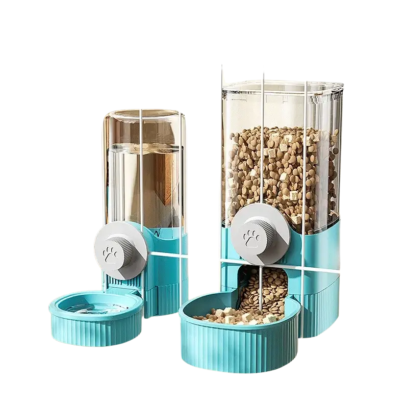 Sky blue plastic water dispenser feeder cage mount with clear cylindrical containers for pet feeding