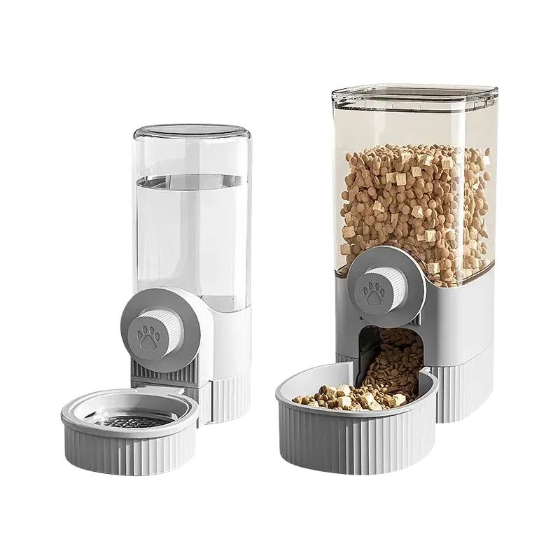 White and transparent gray pet feeder water dispenser feeder with paw print button for automatic food and water dispensing