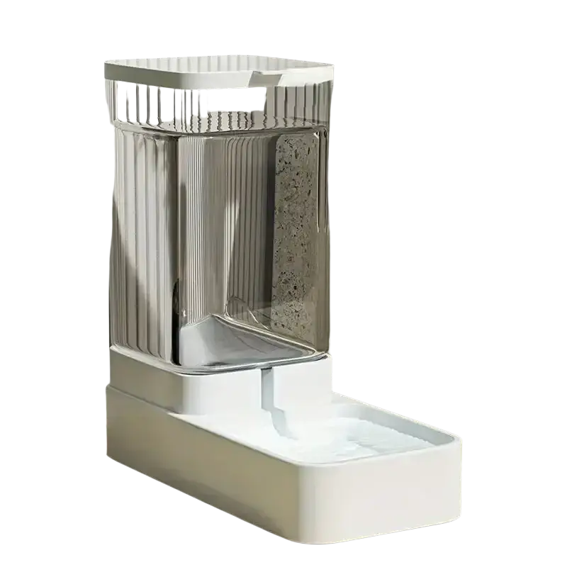 Modern white and transparent water dispenser with sleek ribbed design for pet food storage and hydration