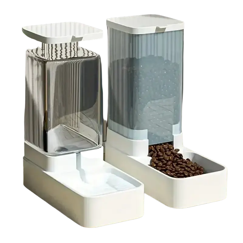 Two white pet feeders with transparent lids serve as a water dispenser and gravity food storage for pets