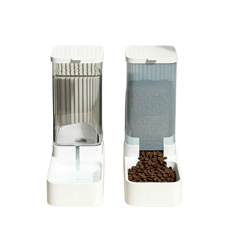 Two white pet feeders featuring a clear and frosted translucent body for water dispenser and food storage use