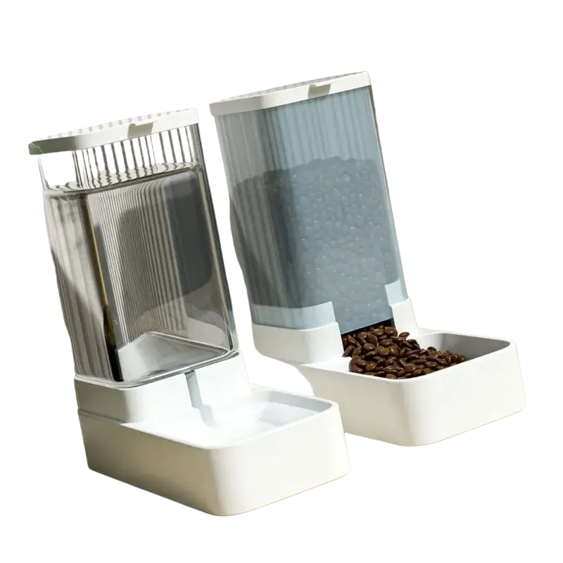 White pet feeder with transparent side panel and water dispenser base for efficient food storage and hydration