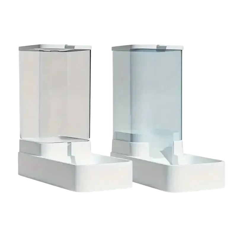 White plastic gravity pet feeder with transparent side panel and rectangular base for food storage and water dispenser use