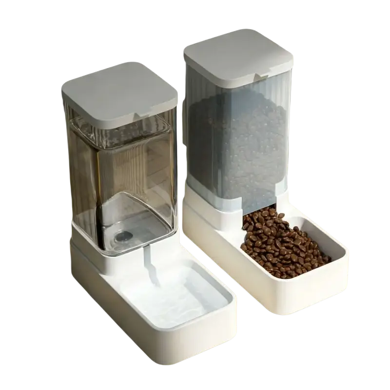 White plastic water dispenser and gravity pet feeder set with transparent food storage compartment and separate water reservoir