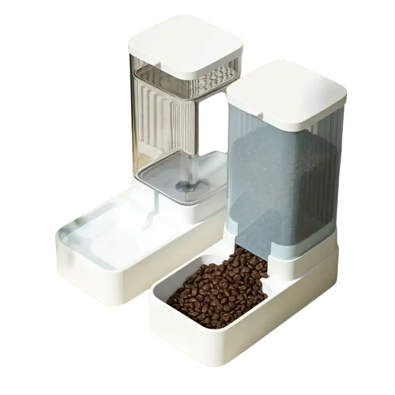 White plastic water dispenser and gravity pet feeder set with transparent panels and dark brown coffee beans in food storage tray