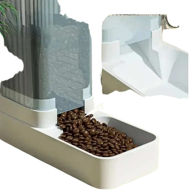 White plastic automatic pet feeder with transparent food storage compartment and white base tray in water dispenser set