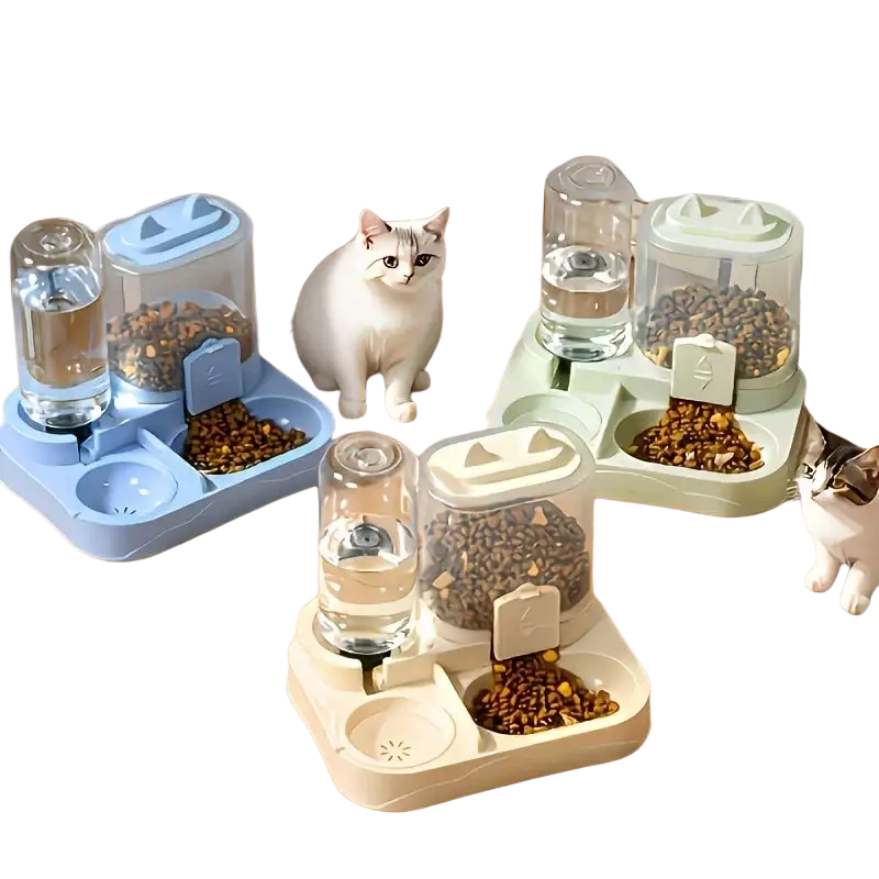 Blue and white cat-shaped automatic pet feeder with clear water dispenser and food compartments for large pets