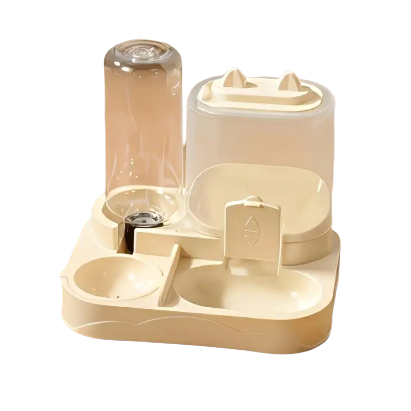 Cream-colored plastic water dispenser and large pet feeder with clear glass bottle and cat-ear-shaped lids for pets