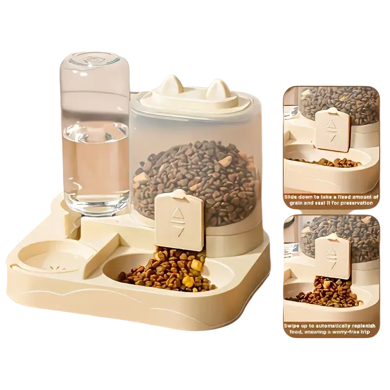 Cream-colored plastic water dispenser and large pet feeder with transparent bottle and cat-ear-shaped lids