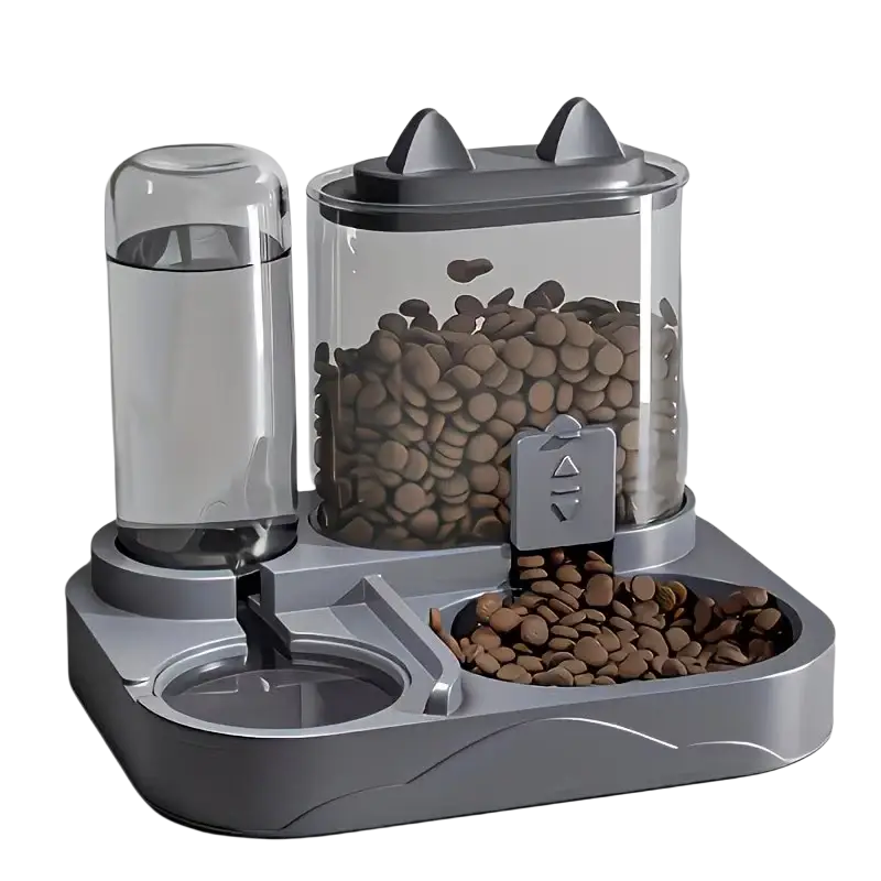 Gray pet feeder and water dispenser with transparent containers holding brown kibble and cat-ear-shaped lids