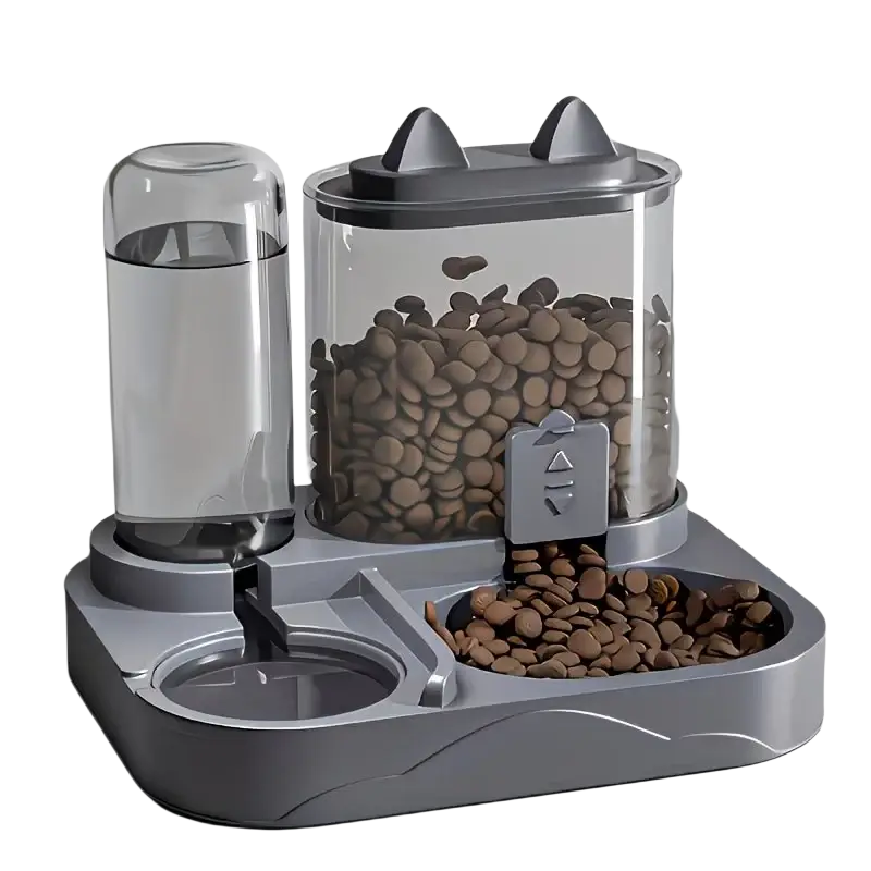 Gray plastic water dispenser and large pet feeder with transparent compartments and cat ear shaped lids holding kibble and water