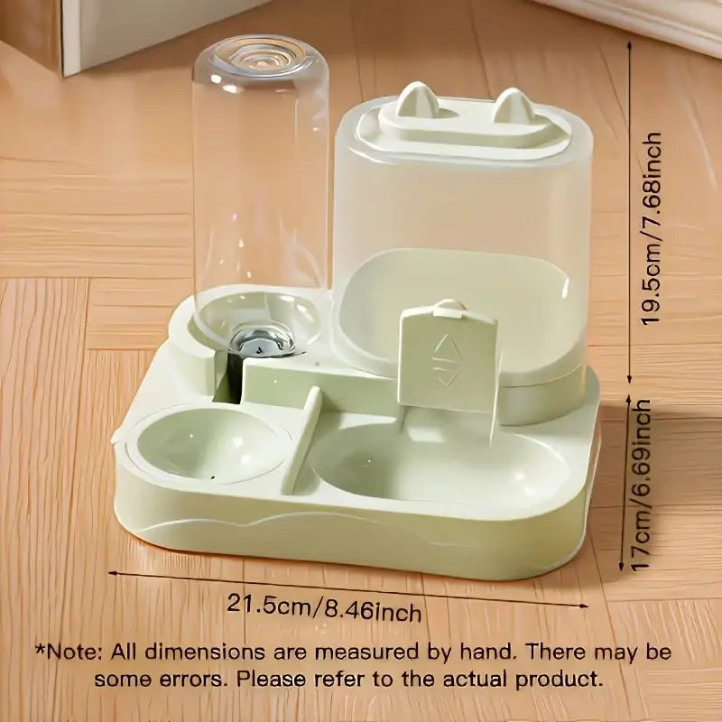 Light green plastic large pet feeder with two food bowls and a clear glass water dispenser for pets