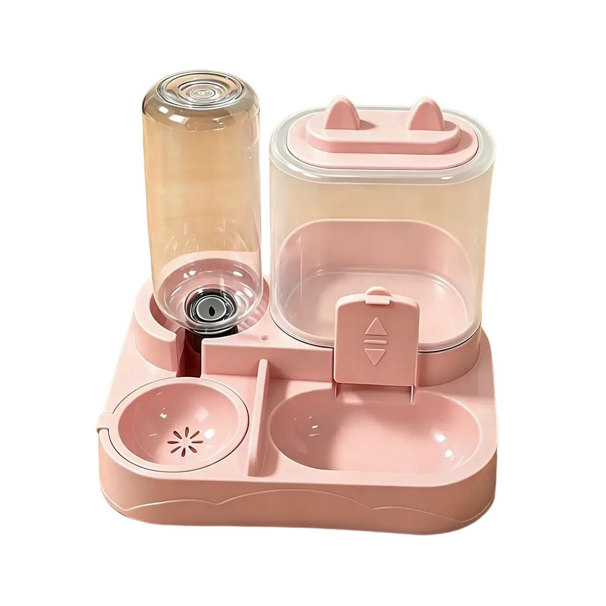 Pink plastic large pet feeder with cat-ear lid and clear glass water dispenser for pets