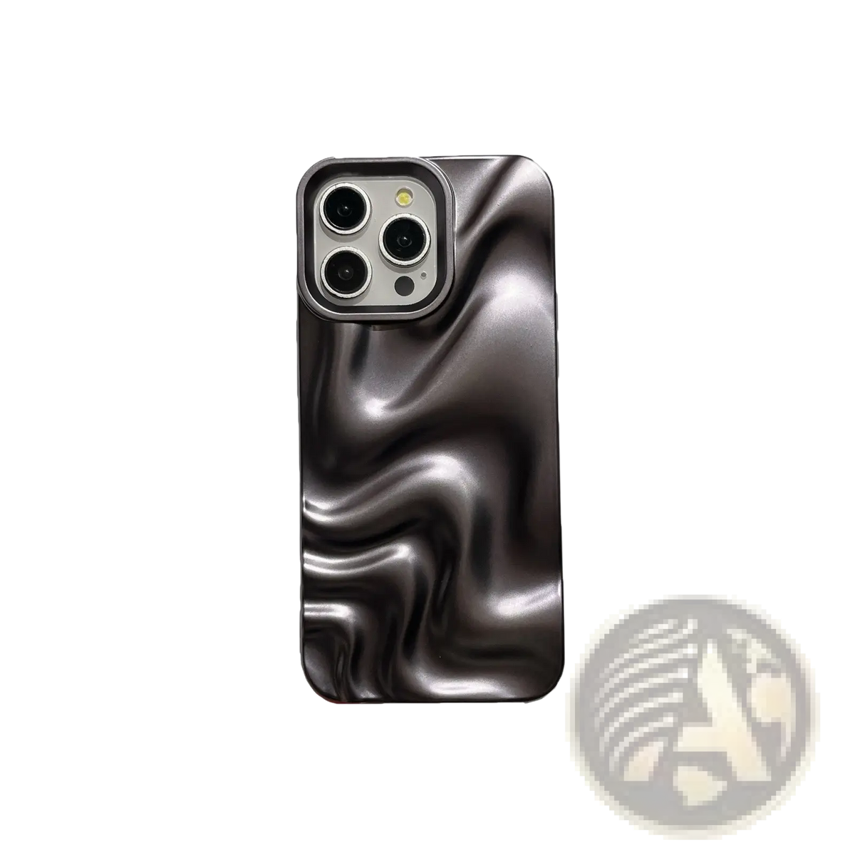 Back side of a sleek matte black iphone case with a glossy swirling metallic water ripple pattern