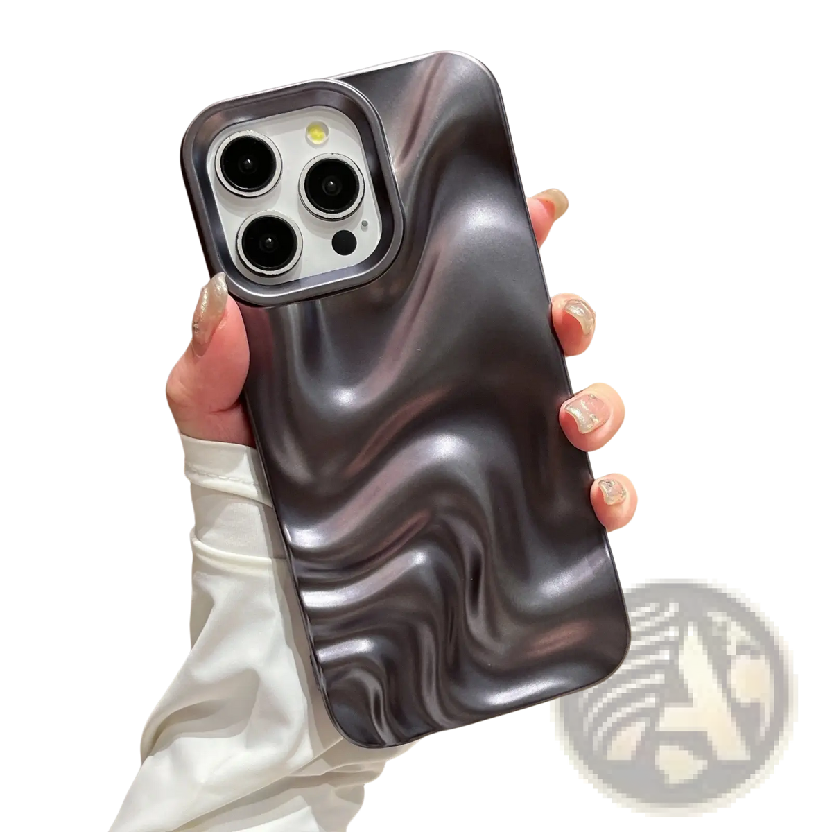 A sleek dark gray matte black iphone case with a glossy fluid wave pattern shown from the back side