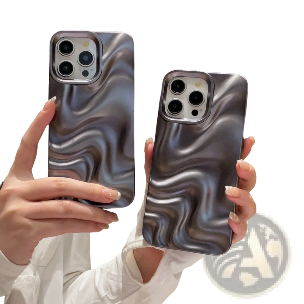 Two sleek silver-gray glossy water ripple iphone cases shown from the back with a fluid wave pattern and matte black edges