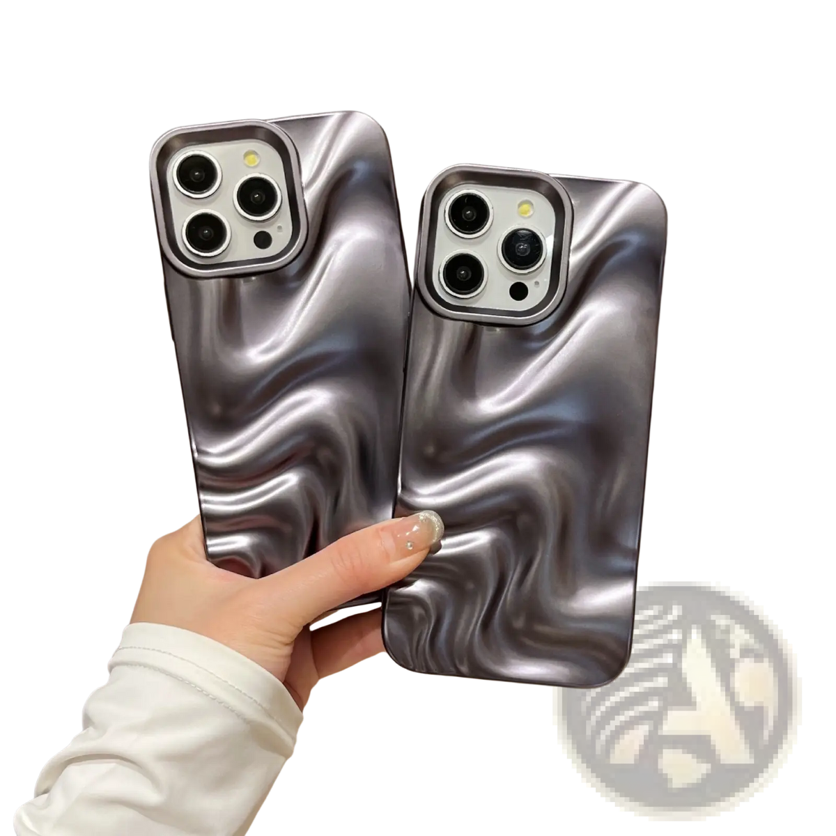 Two sleek silver water ripple iphone cases with glossy liquid-metallic swirl design shown from the back side