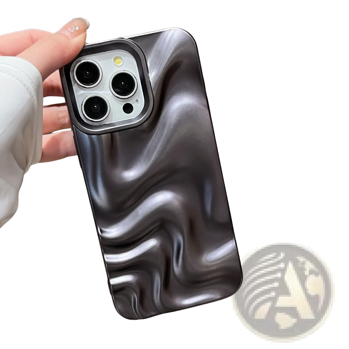 The back side of a sleek glossy black water ripple iPhone case with a fluid wave pattern and subtle silver highlights