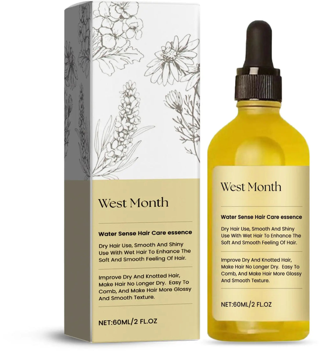 Yellow glass bottle with black dropper cap and beige label for water sense hair care essence with rosemary oil