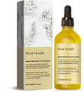 Yellow glass bottle with black dropper cap and beige label for water sense hair care essence with rosemary oil