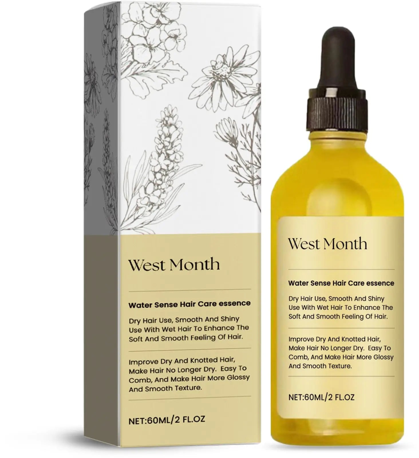 Yellow glass bottle with black dropper cap and beige label for water sense hair care essence with rosemary oil