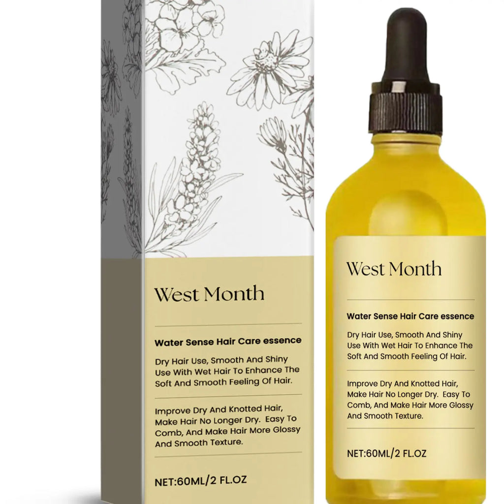 Yellow glass bottle with black dropper cap and beige label containing Water Sense hair care essence with rosemary oil