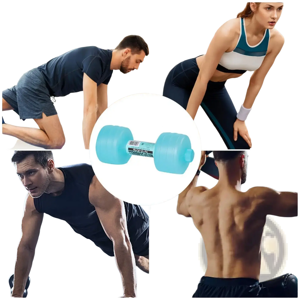 Light blue plastic water weight dumbbell with barcode on central bar for portable aqua fitness equipment