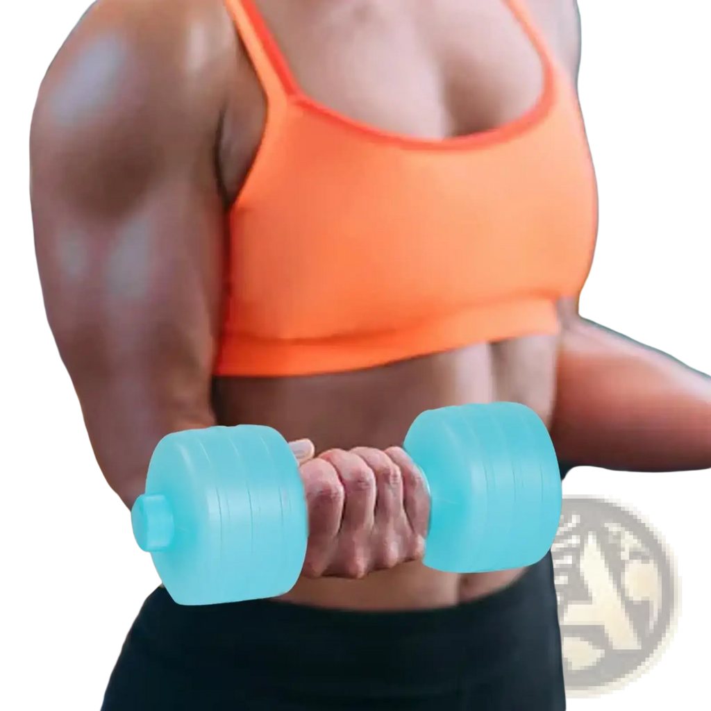 Light blue plastic water weight dumbbell with textured grip and rounded ends for portable aqua fitness equipment