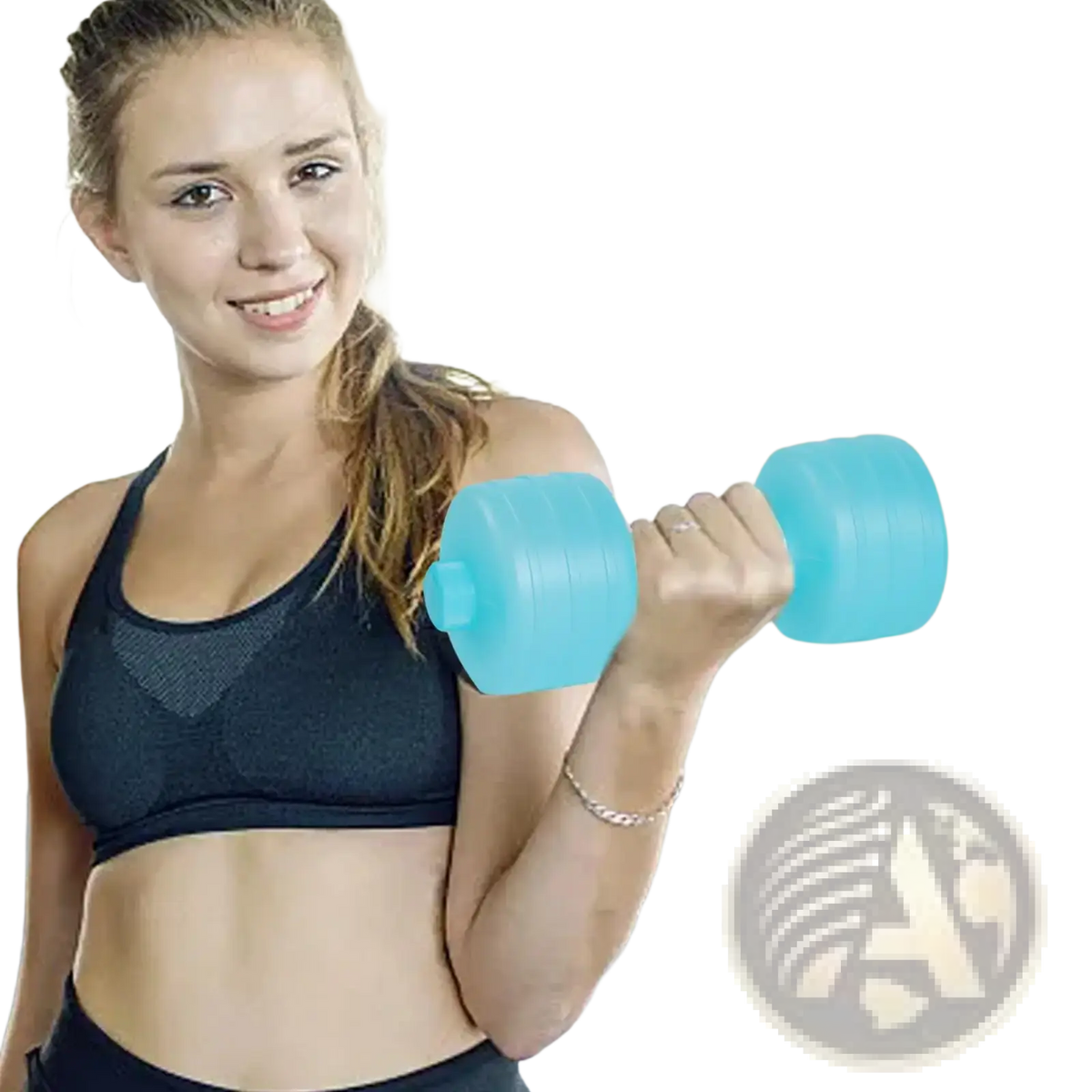 Light blue plastic water weight dumbbell for portable aqua fitness equipment shown from front side