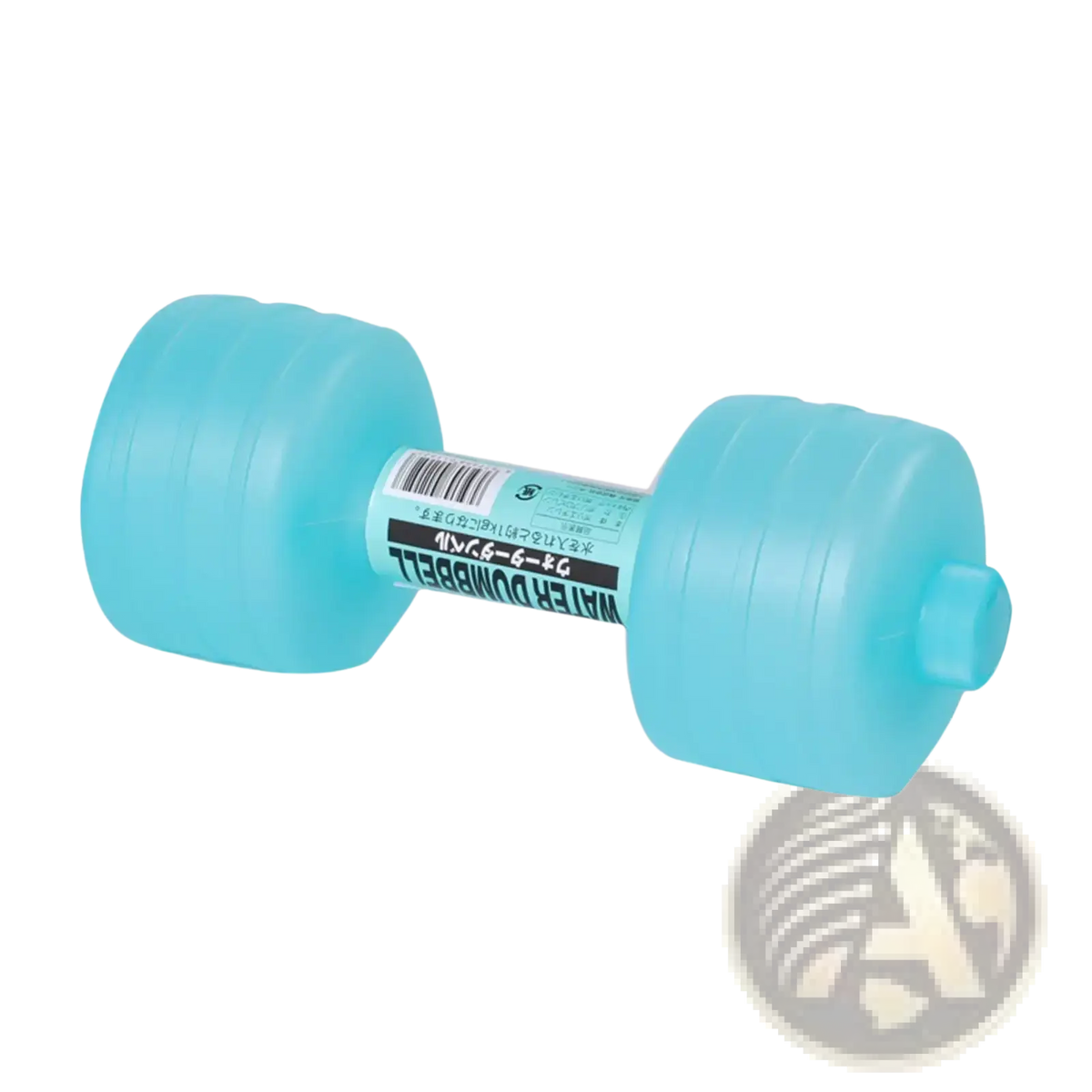 A light blue plastic water weight dumbbell with textured grip and printed label for portable aqua fitness equipment