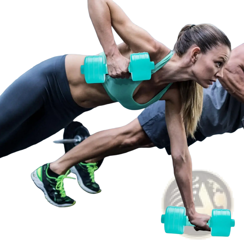 Teal plastic adjustable water weight dumbbell designed for portable aqua fitness equipment use