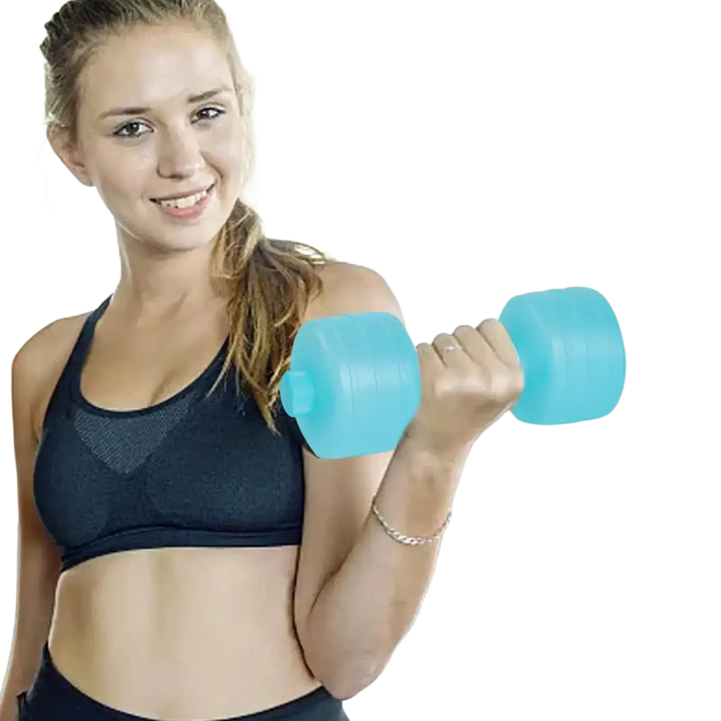 Light blue plastic water weight dumbbell with smooth rounded design for portable aqua fitness workouts