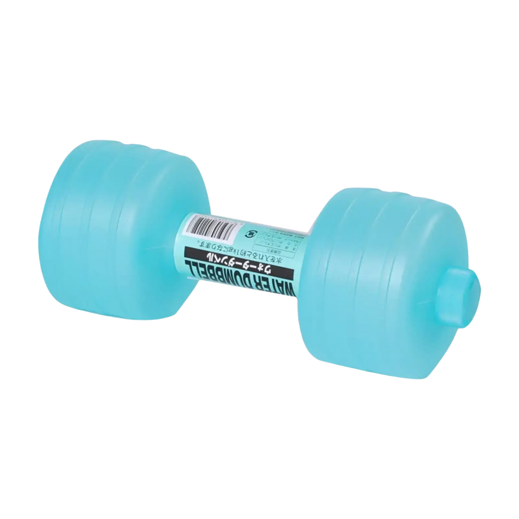 A light blue plastic water weight dumbbell with textured grip and printed label for portable aqua fitness equipment