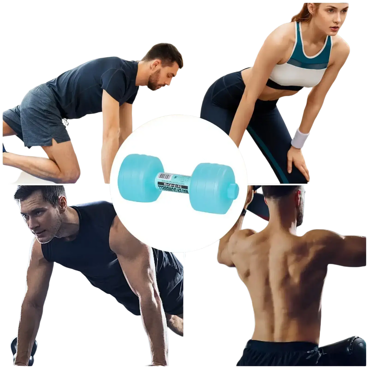 Light blue plastic water weight dumbbell with barcode on handle for portable aqua fitness workouts