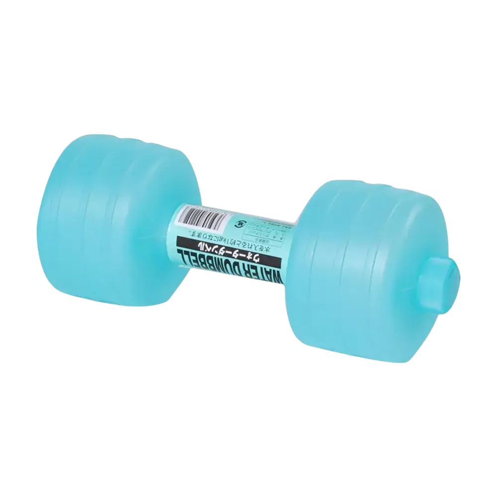 Light blue plastic water weight dumbbell with textured grip and weight label for portable aqua fitness equipment