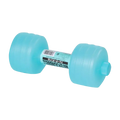 Light blue plastic water weight dumbbell with textured grip and weight label for portable aqua fitness equipment