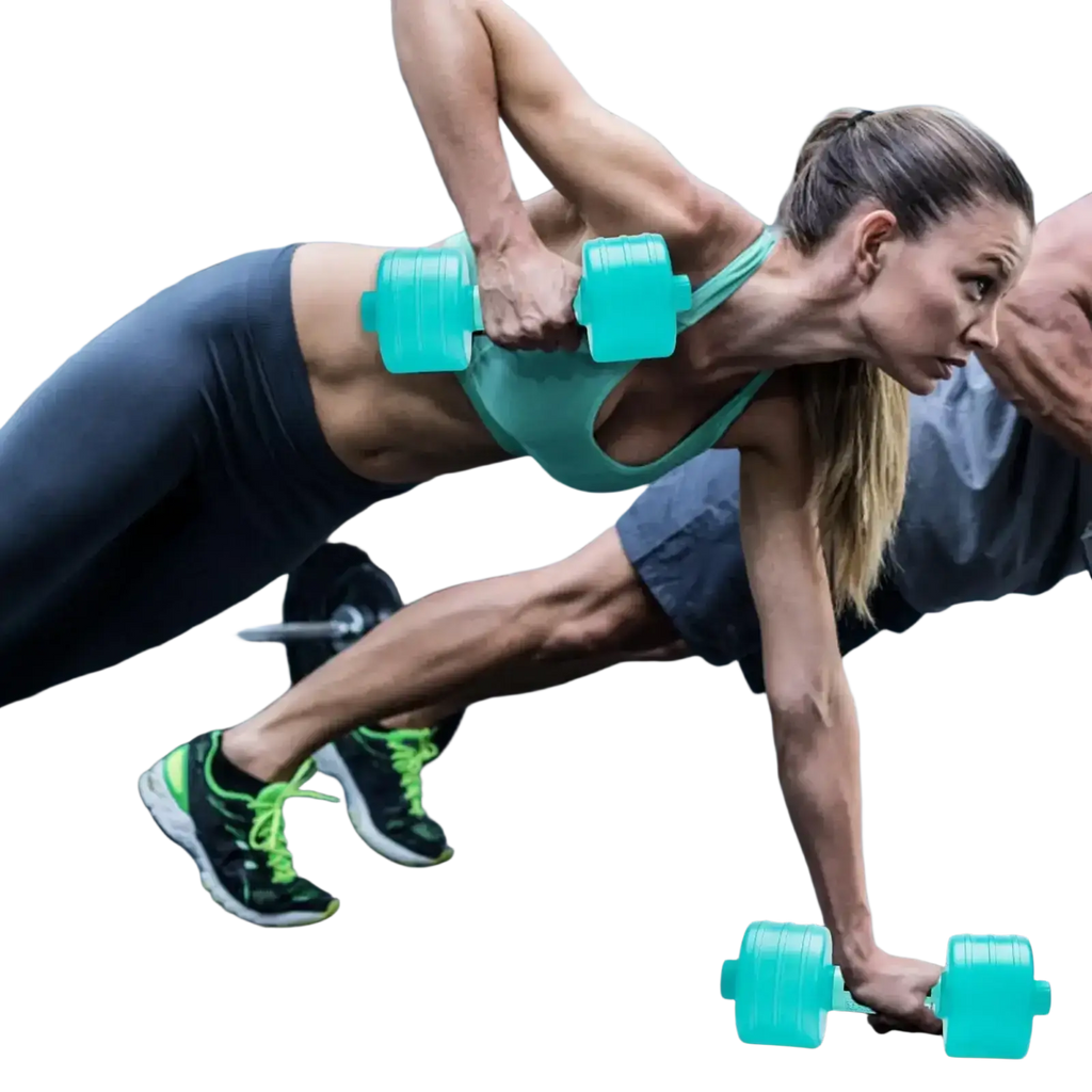 Teal plastic adjustable water weight dumbbells designed for portable aqua fitness and aquatic exercise use