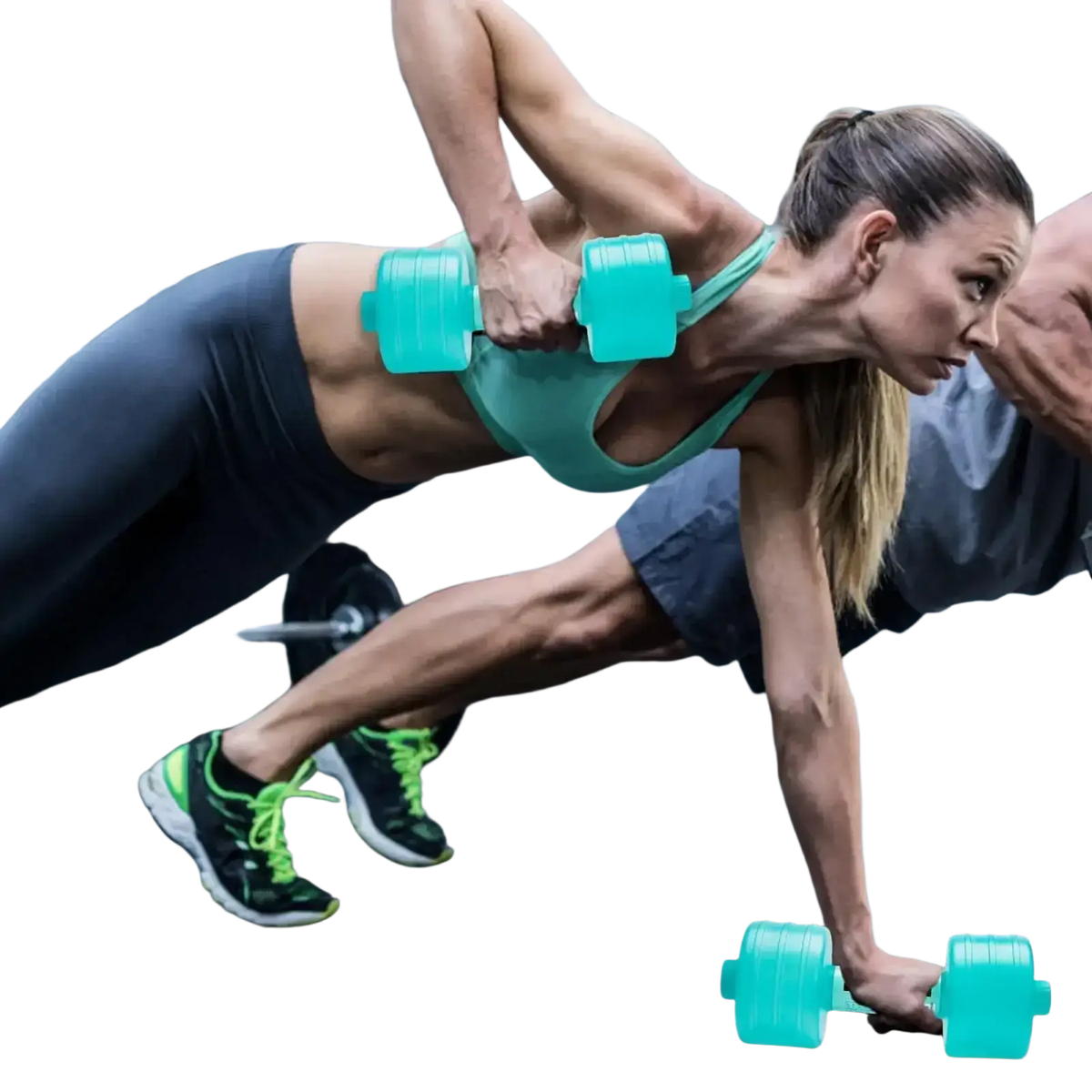 Teal plastic adjustable water weight dumbbells designed for portable aqua fitness and aquatic exercise use