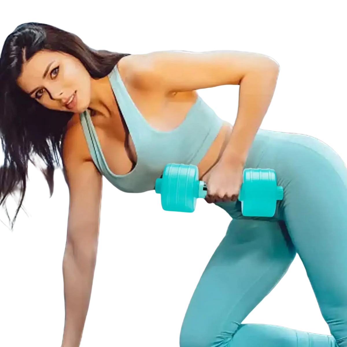 Teal plastic water weight dumbbell with textured grip and rounded ends for portable aqua fitness workouts