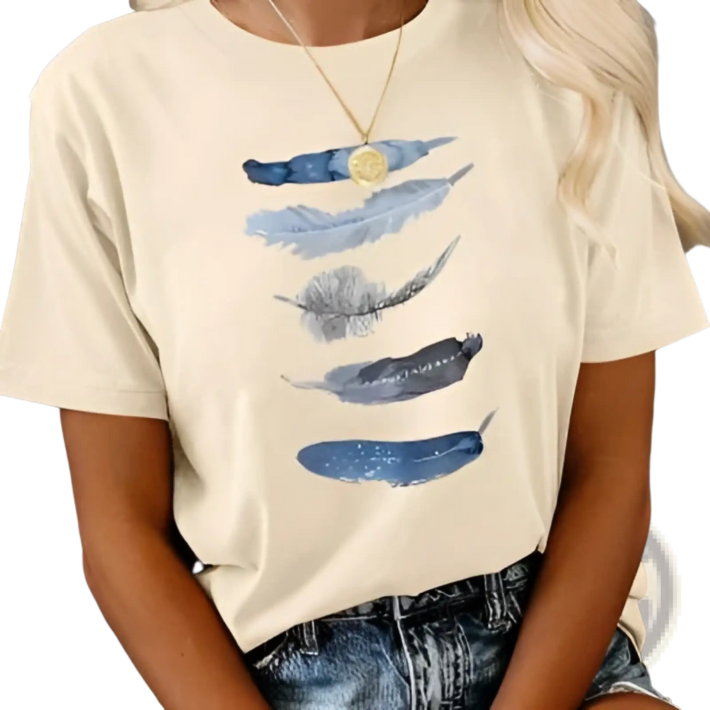Cream-colored cotton short-sleeved t-shirt with a vertical blue and gray feather print for women