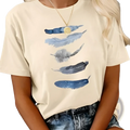 Cream-colored cotton short-sleeved t-shirt with a vertical blue and gray feather print for women