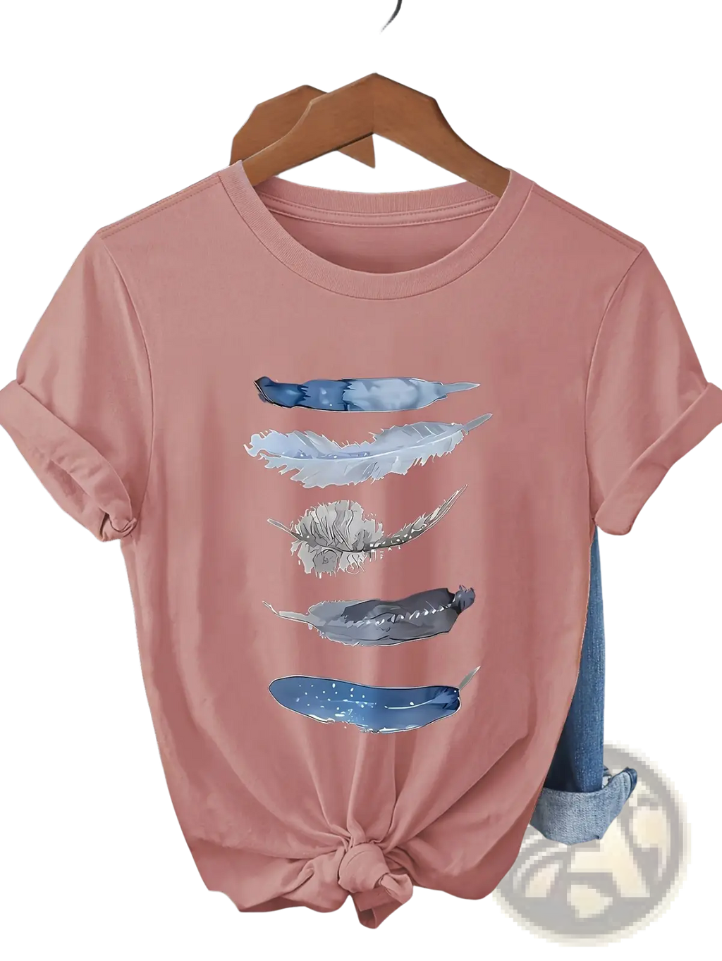 A soft rose-colored cotton t-shirt featuring a watercolor print of five blue white and gray feathers