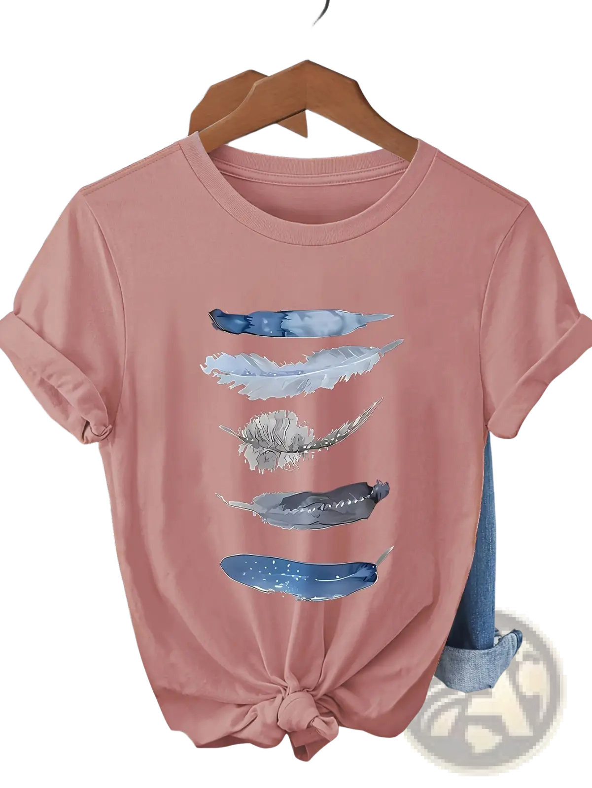 A soft rose-colored cotton t-shirt featuring a watercolor print of five blue white and gray feathers