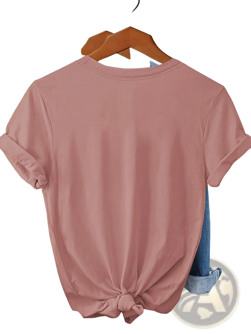 A soft rose-colored cotton women short-sleeved t-shirt with a round neckline and knotted hemline featuring a feather print