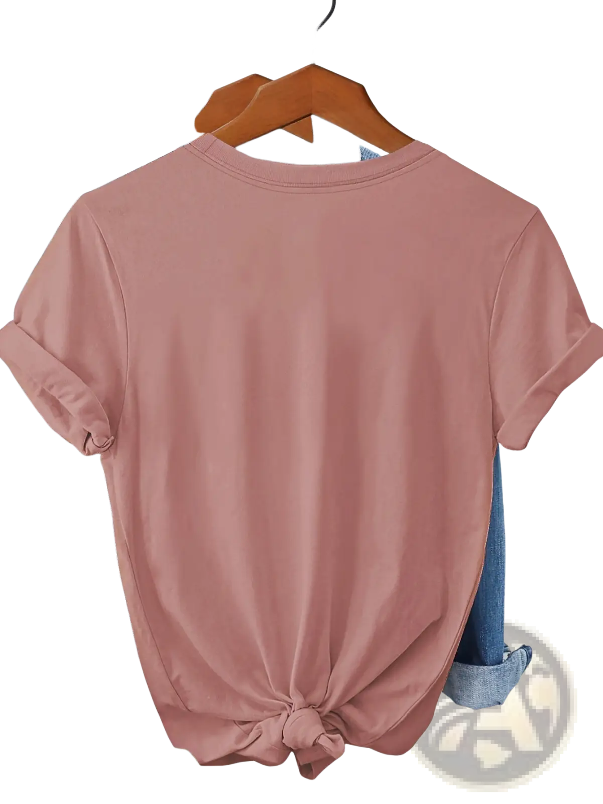 A soft rose-colored cotton women short-sleeved t-shirt with a round neckline and knotted hemline featuring a feather print
