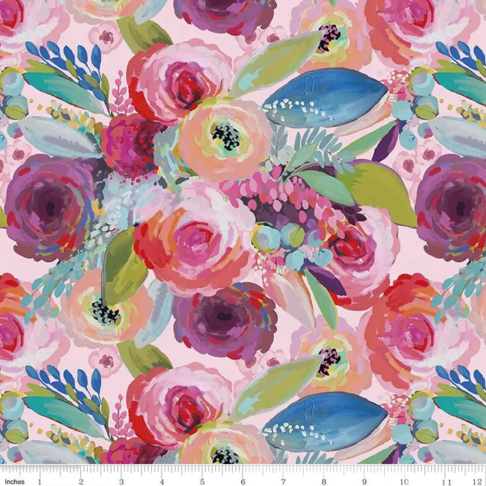 Vintage watercolor floral halter top with oversized bow featuring pink fabric with red purple and peach roses and teal leaves