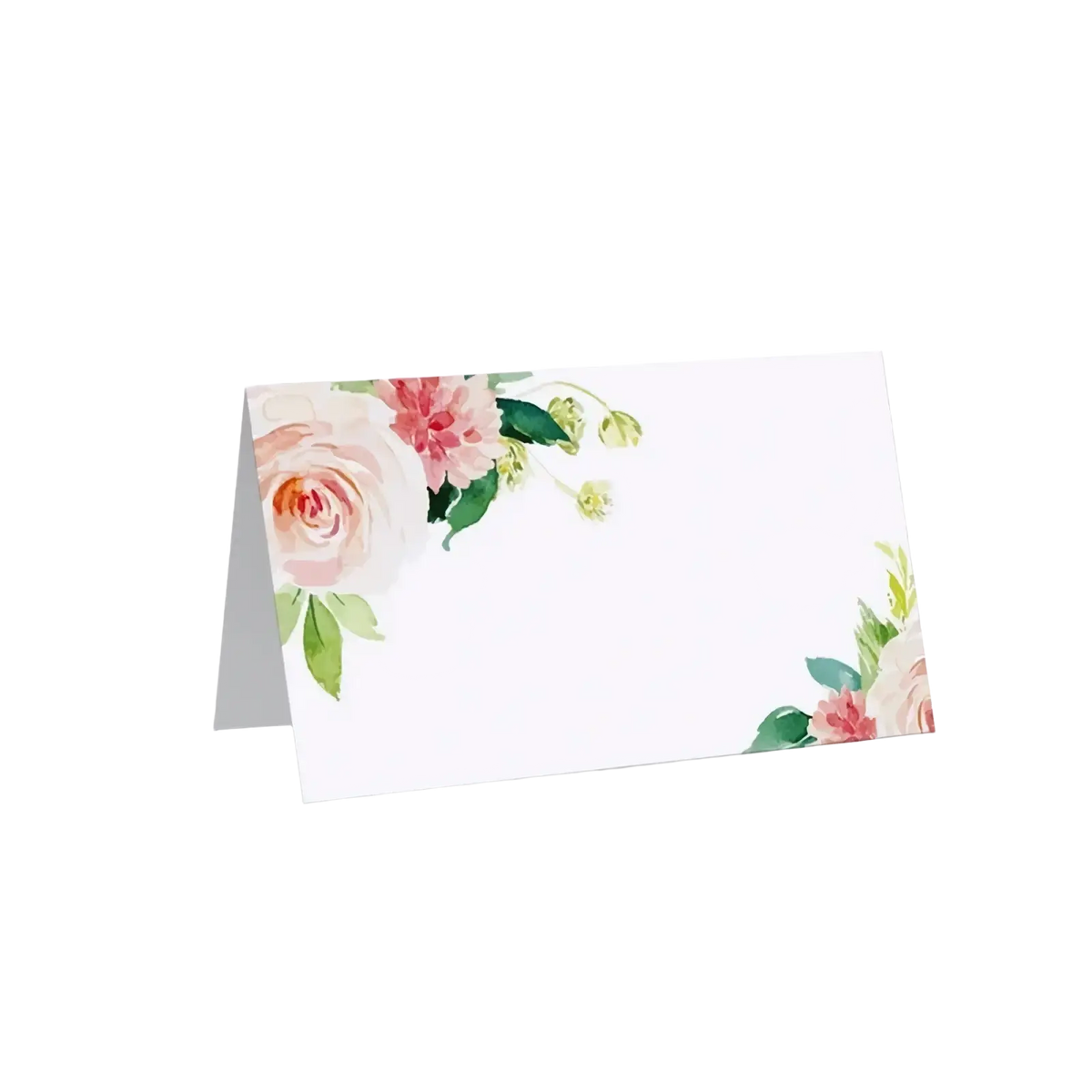 A delicate white watercolor floral place card with soft pink and peach roses and green leaves 100 pack